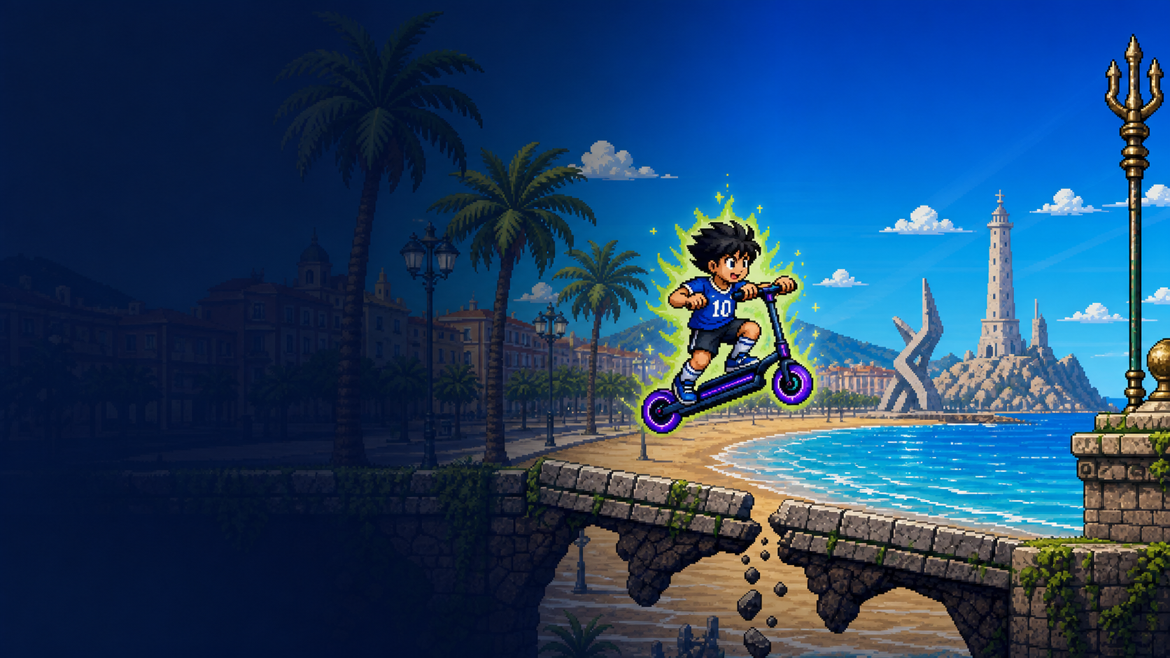 Lion riding his navy and electric-violet scooter along Vilanova's coast